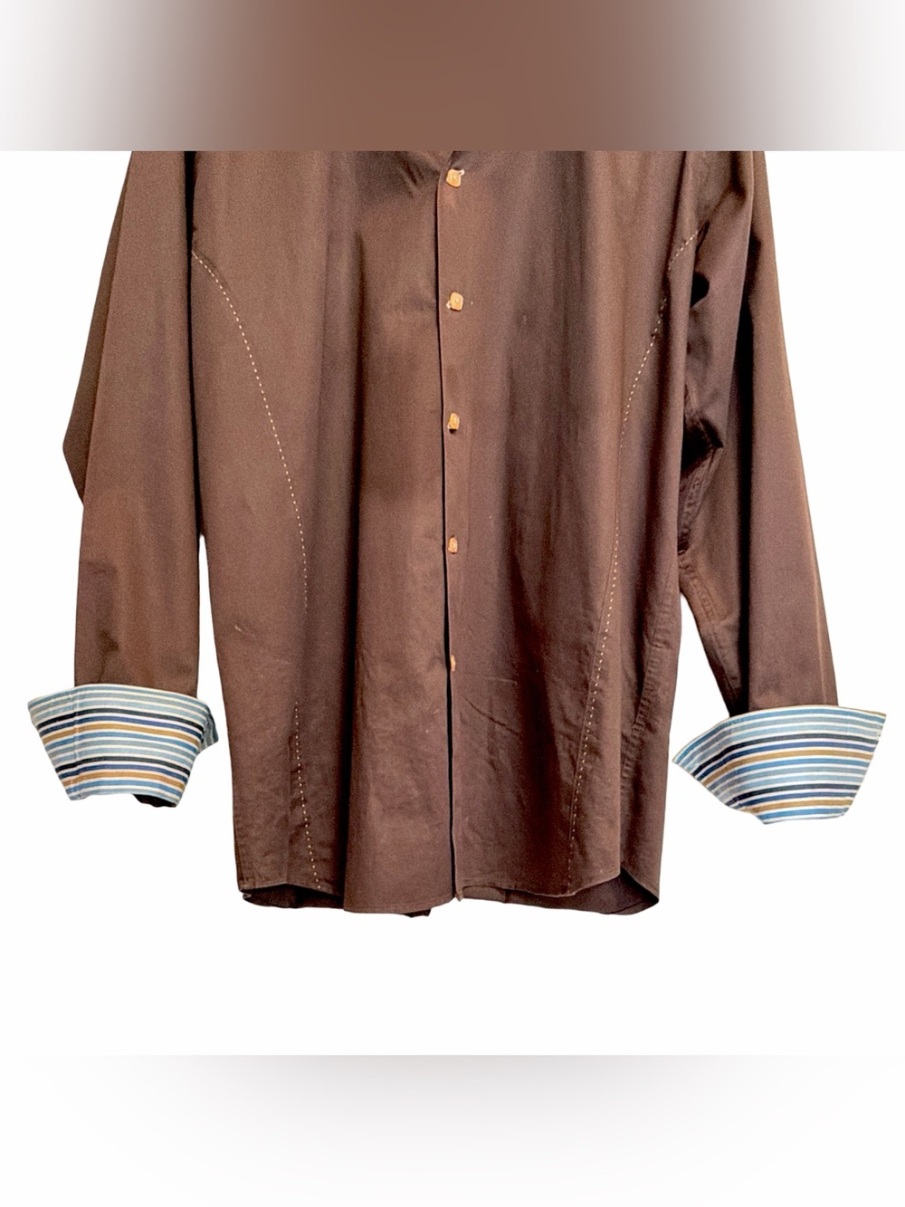 BOGOSSE Men’s Casual Button-Down Shirt with Contrast Stripe Lining & Cuffs - Picture 5 of 16
